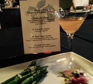 Square One Organic Cocktail Dinner menu, cocktail, asparagus, and salad.