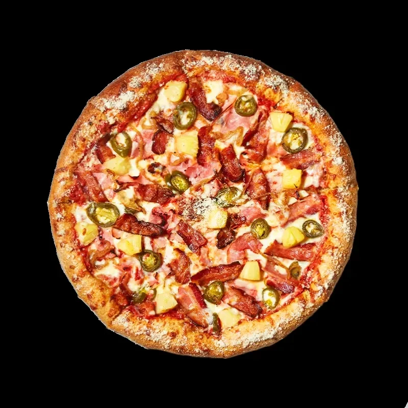 Golden brown pizza with bacon, pineapple, jalapeño, cheese on black.