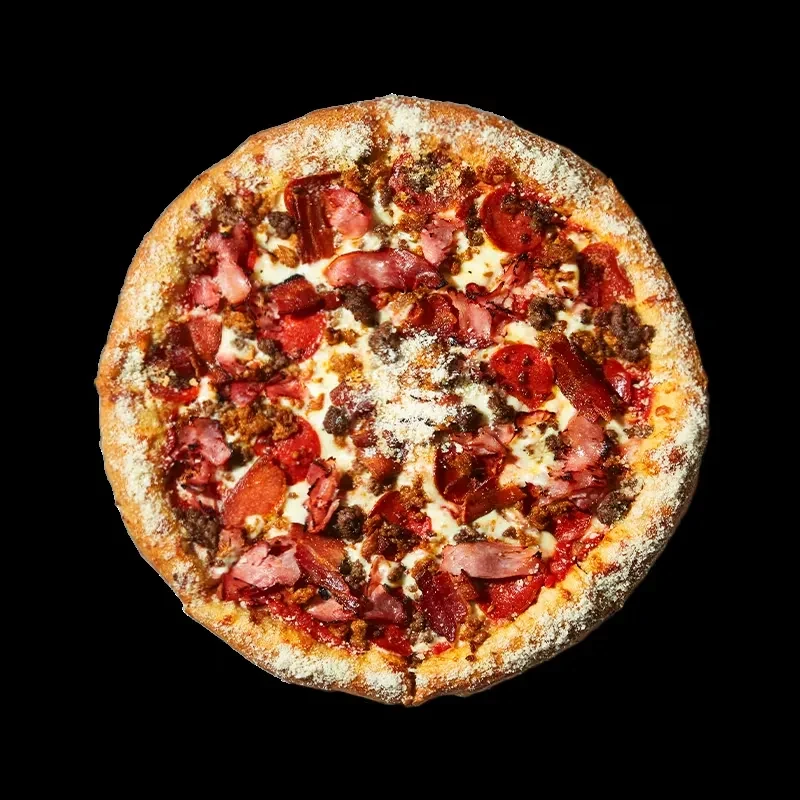 Fully cooked pizza with pepperoni, sausage, bacon, and melted cheese.