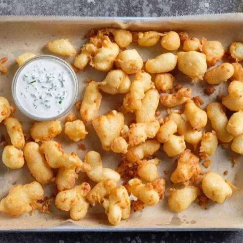 Golden-brown fried bites with an herb-garnished white dipping sauce.