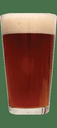 Pint glass of reddish-brown beer with thick foam, dark green background.
