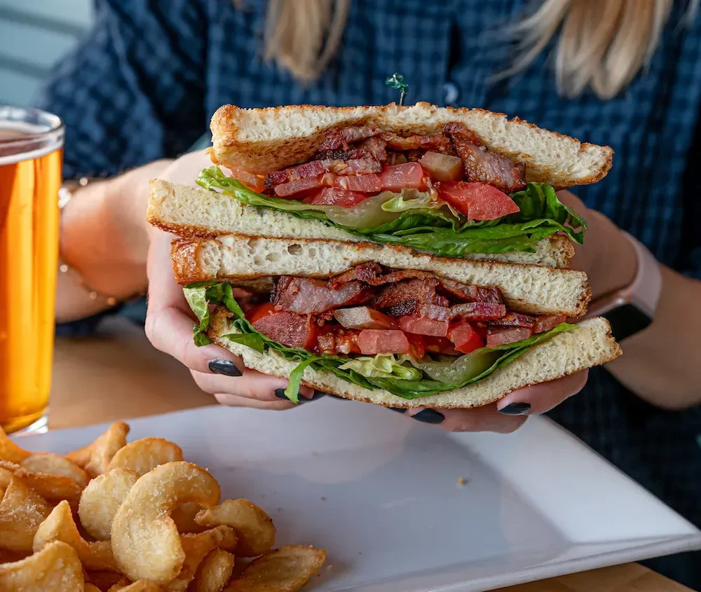 Hands hold a stacked BLT sandwich with a side of curly fries.