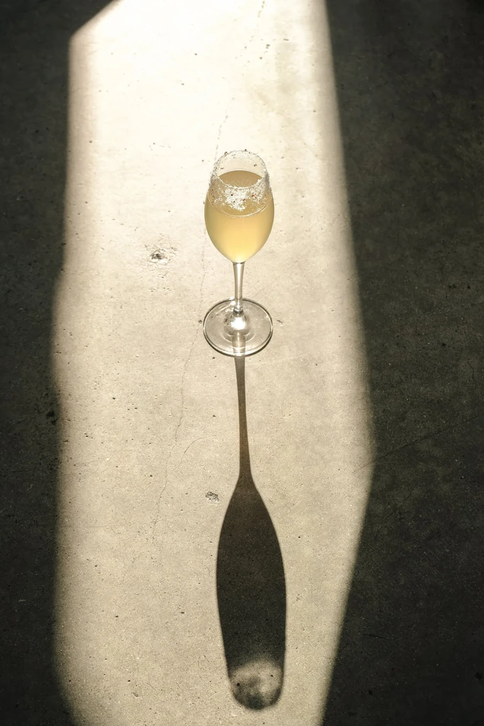 Garnished stemmed glass with drink, dramatically lit on concrete surface.