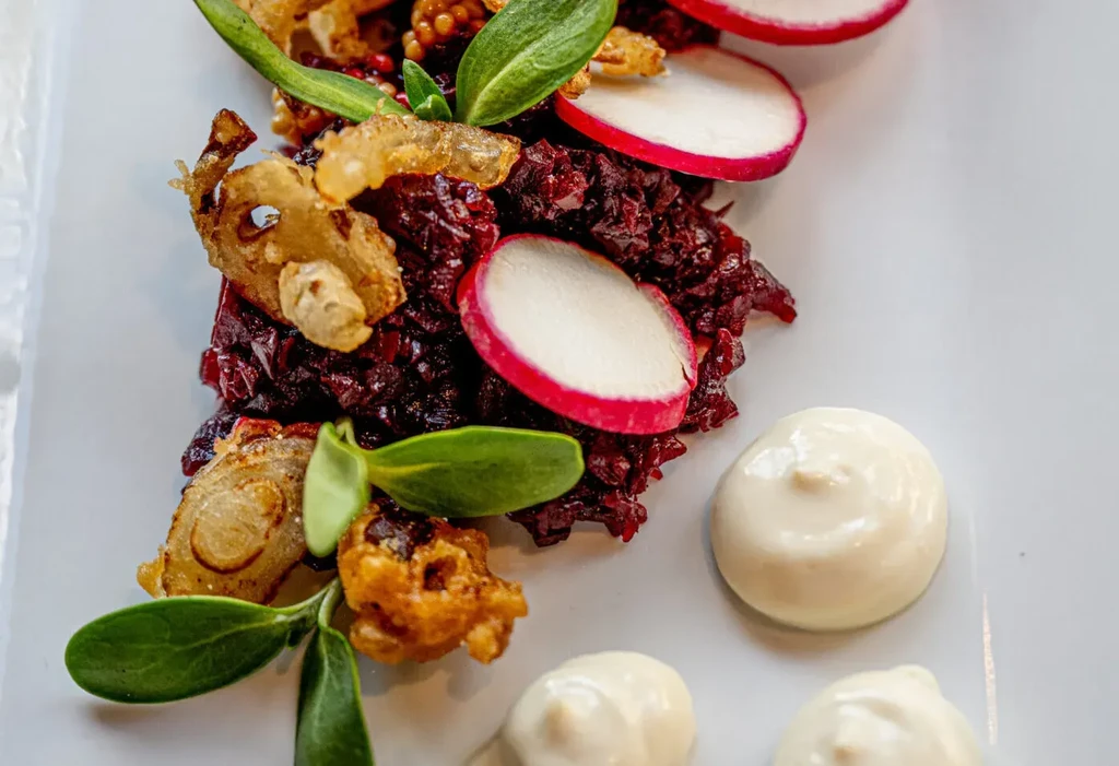Plated red relish, radish, crispy elements, microgreens, and white sauce.