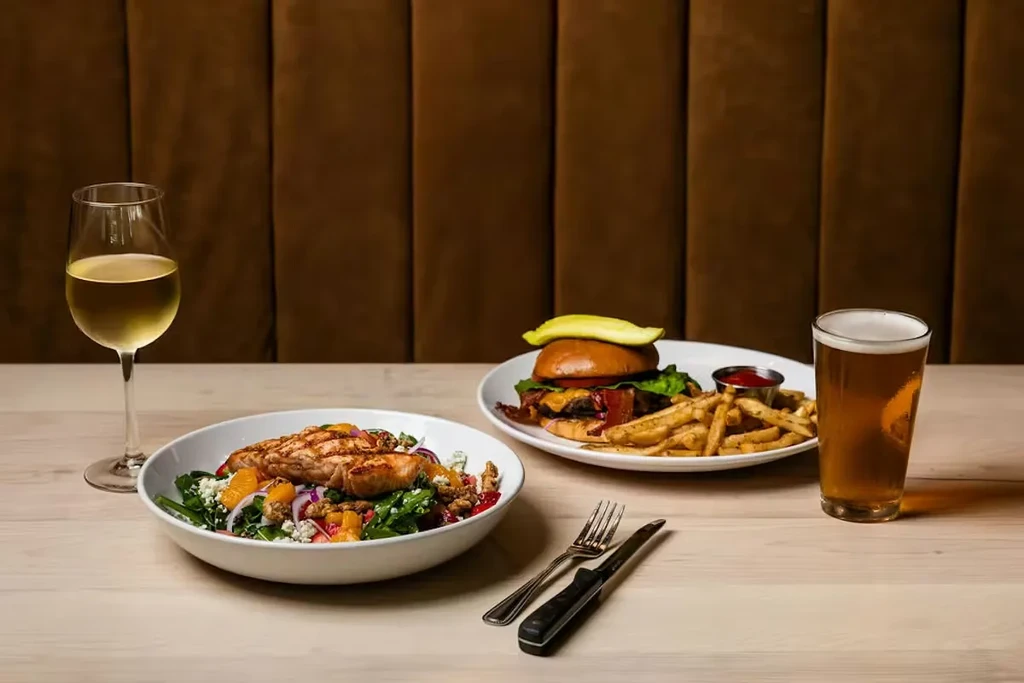 Grilled salmon salad, gourmet burger with fries, wine and beer.