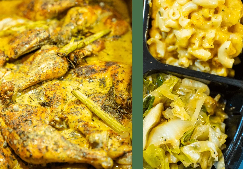 Split view: creamy chicken, takeout mac and cheese, and greens.