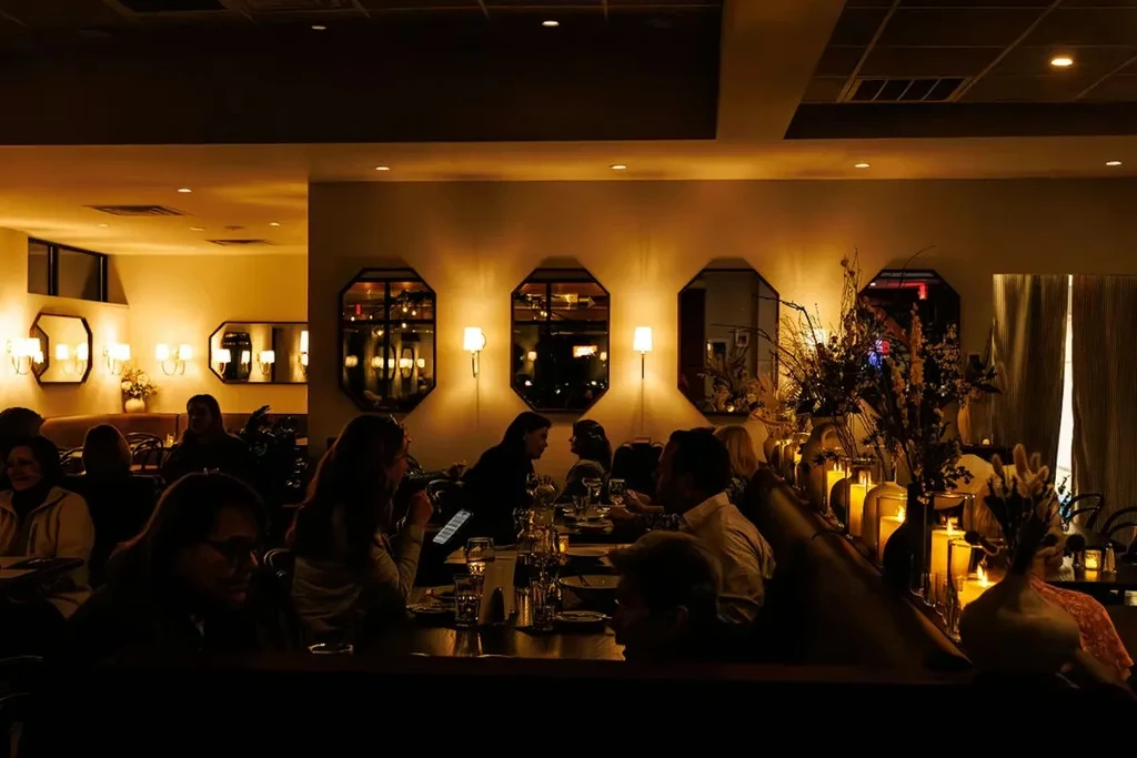 Restaurant interior, dimly lit with patrons, warm lighting, and sophisticated decor.