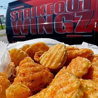 Deep-fried seasoned pickle chips from STRIKEOUT WINGZ food truck.