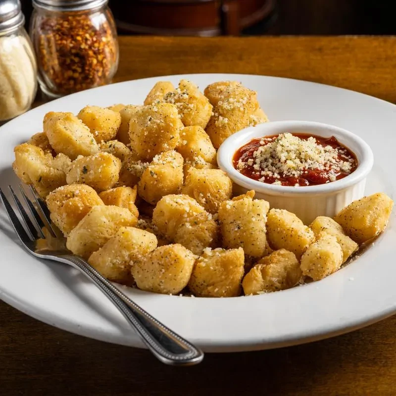 Plate of golden-brown bread knots with marinara sauce and cheese.