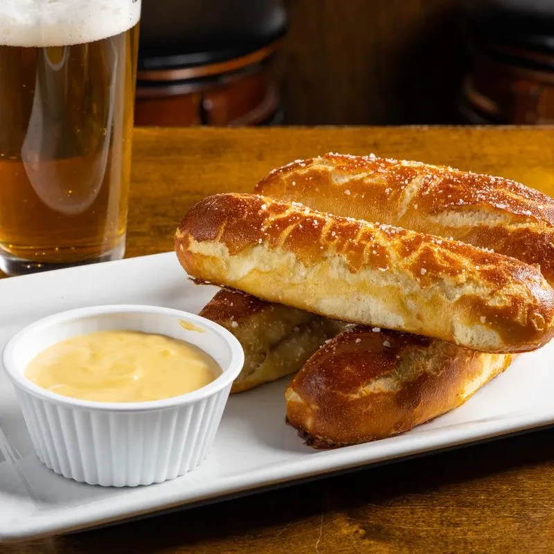 Salted pretzel sticks, creamy cheese dip, and a frothy beer.