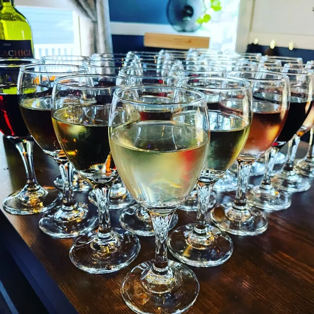 Multiple wine glasses filled with red, white, and rosé wine on a table.