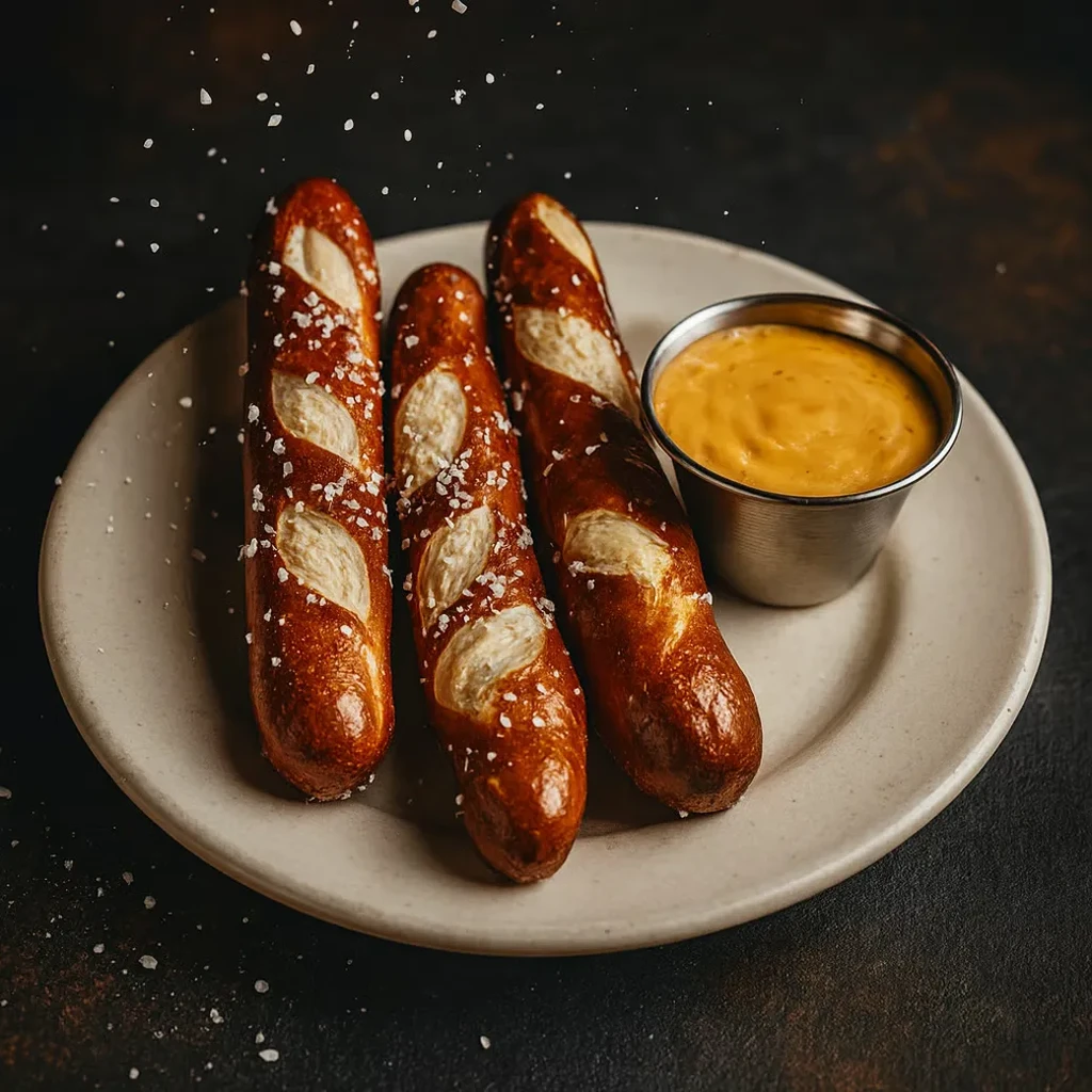Three salted pretzel sticks on a plate with a side of cheese sauce.
