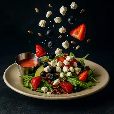 Strawberries, blueberries, feta, and nuts falling into a salad.