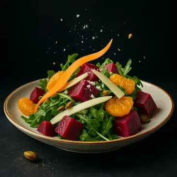 A vibrant beet, orange, and arugula salad with Parmesan and pistachios.