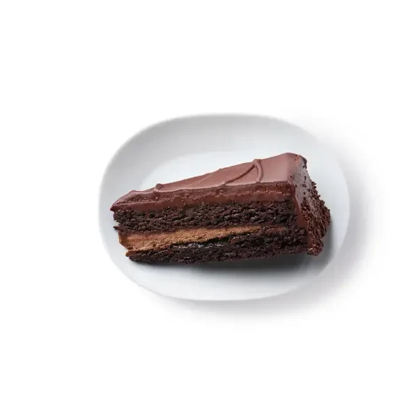 Slice of multi-layered chocolate cake with frosting on a white plate.