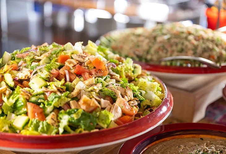 A large platter of mixed green salad with tomatoes and cucumbers.