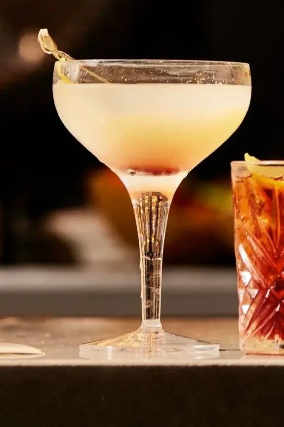 A coupe glass cocktail with a yellowish drink and golden garnish.