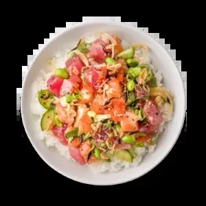 Colorful poke bowl with tuna, salmon, rice, edamame, and roe.