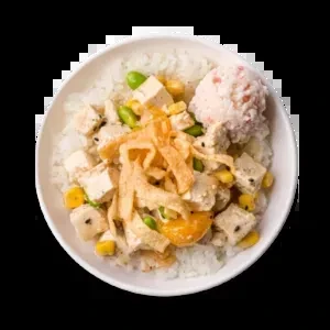 Overhead, a colorful rice bowl with protein, vegetables, fruit, and crispy topping.