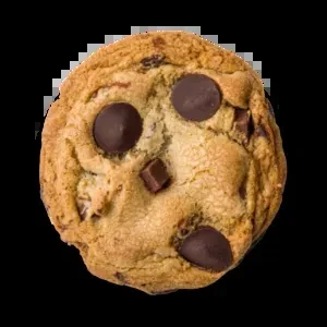 A single, golden-brown chocolate chip cookie with melting chips on black.