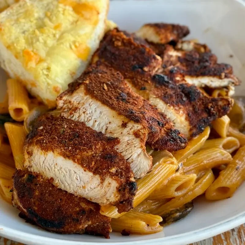 Sliced, seasoned chicken breast on pasta with a side of cheesy bread.