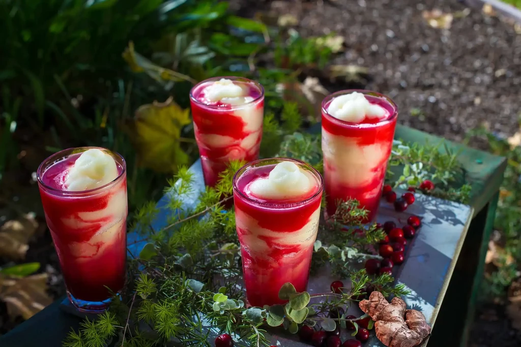 Four glasses of red and white layered drinks with cranberries and ginger.