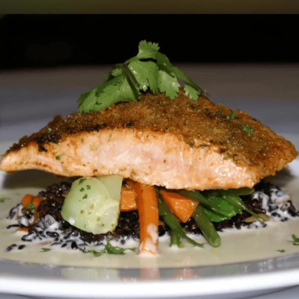 A salmon fillet with a crispy top on wild rice and vegetables.
