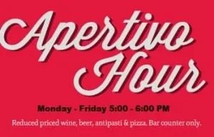 Red sign announces "Aperitivo Hour" with details on times and offerings.