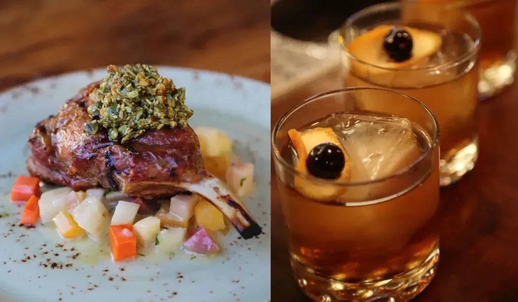 A lamb chop dish and three Old Fashioned cocktails.