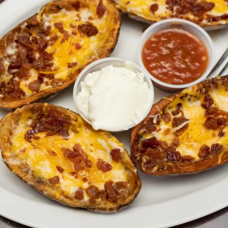 Potato skins with cheese, bacon bits, sour cream, and salsa.