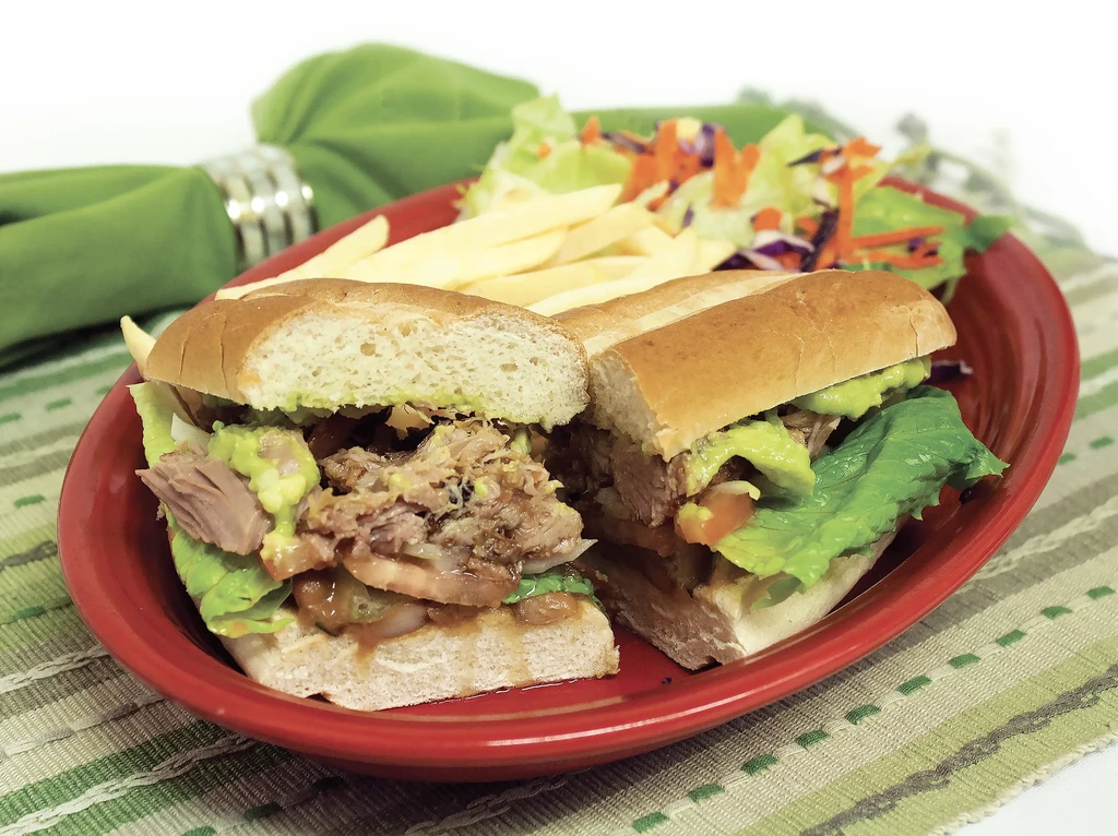 Carnitas sandwich with avocado, lettuce, fries, and salad on a red plate.