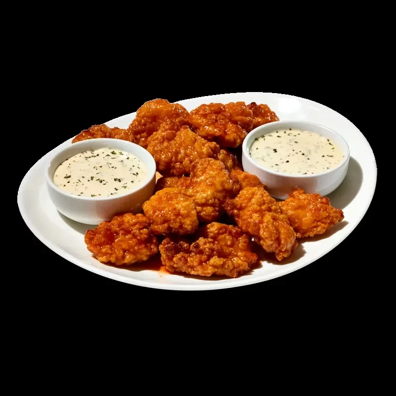 Boneless chicken pieces in orange sauce with two creamy herb dips.