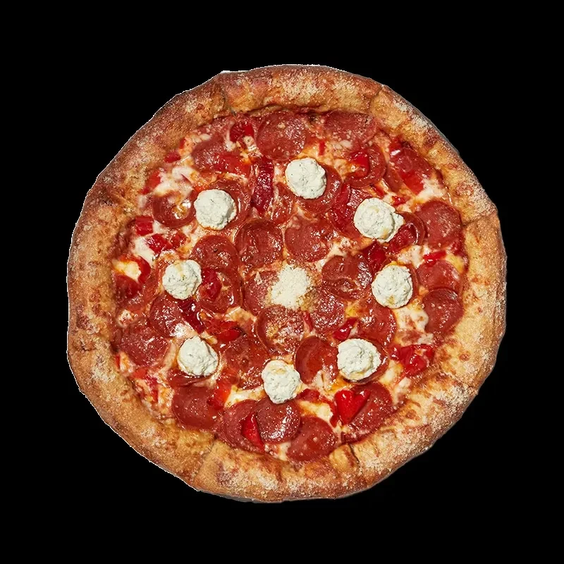 Round pizza with pepperoni, red pepper, and white cheese dollops.