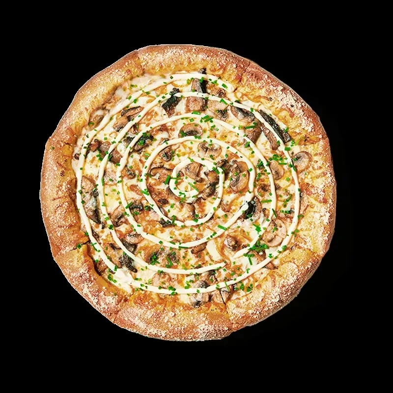 White sauce pizza, mushrooms, herbs, spiraled sauce on black.