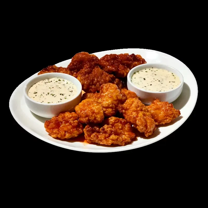 Boneless chicken wings, sauced and fried, with two creamy dipping sauces.