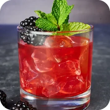Red beverage with ice, blackberries, and mint in a tumbler glass.
