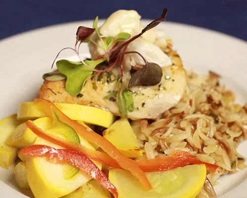 Plated pan-seared protein with creamy sauce, pasta, squash, and peppers.