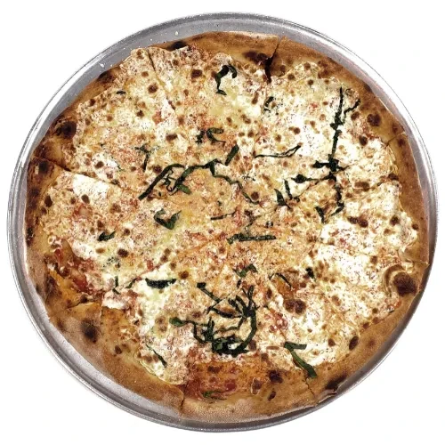 Margherita pizza with melted cheese and basil on a silver pan.