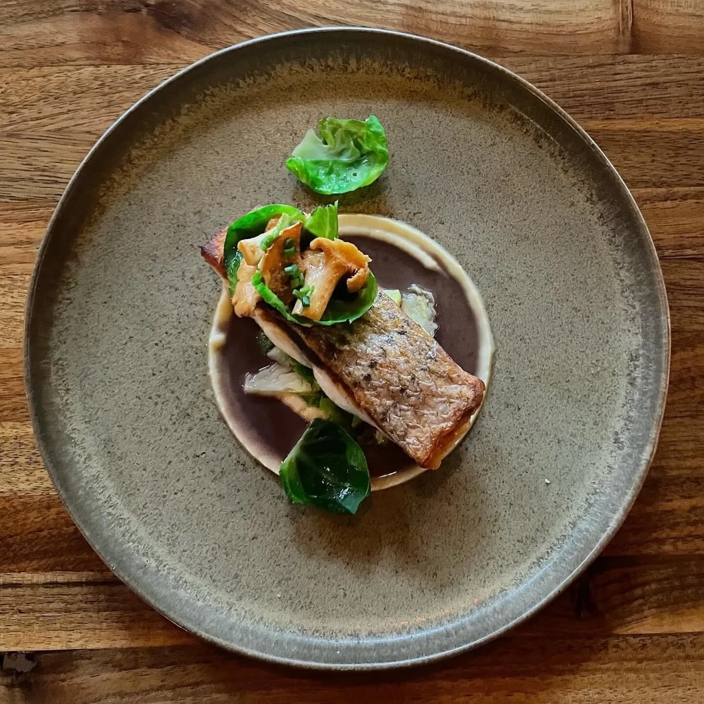 Pan-seared fish with mushrooms, greens, and sauces on a speckled plate.