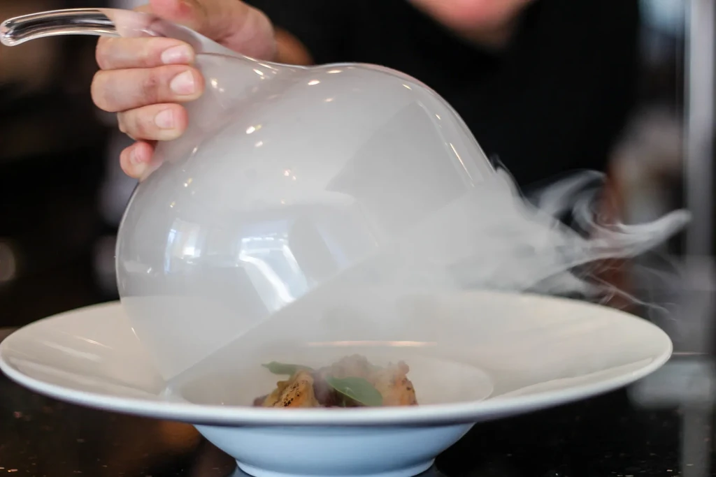 Gourmet dish in a bowl, smoke billows from a lifted glass cloche.
