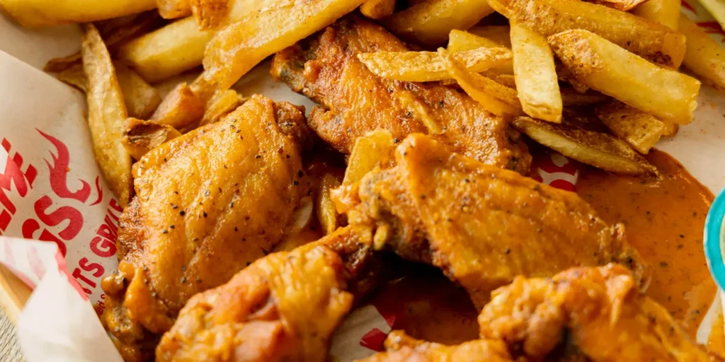 Golden-brown chicken wings and thick-cut fries with sauce in a basket.