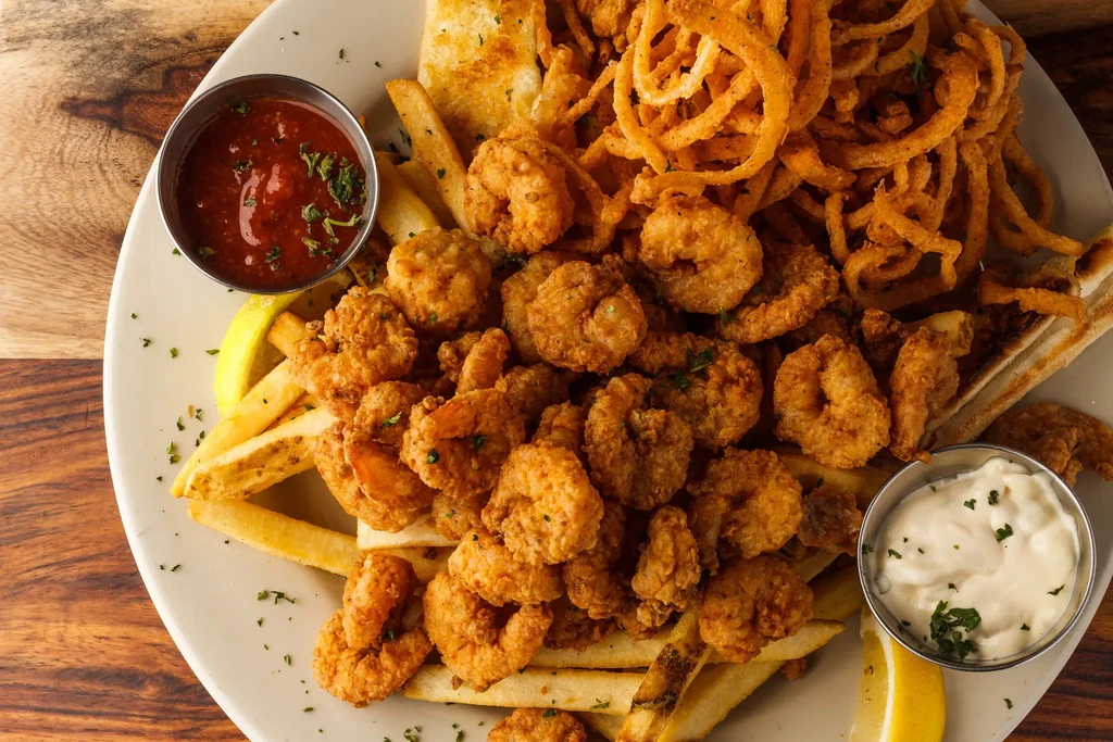 Fried shrimp, french fries, onion strings, red and white dipping sauces.