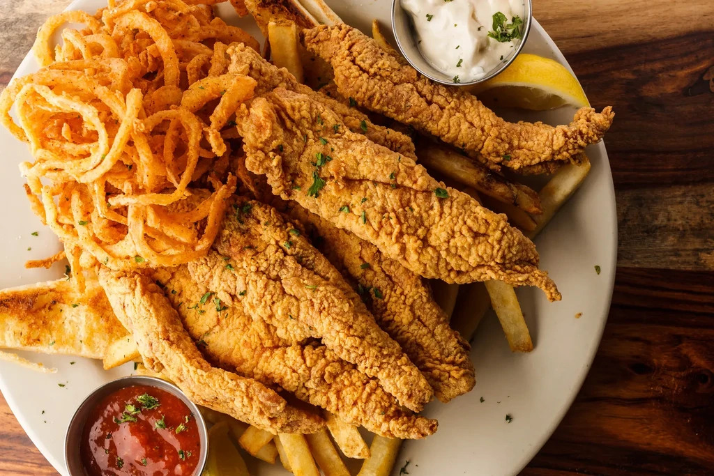 Fried fish platter with fries, onion rings, tartar, and cocktail sauce.