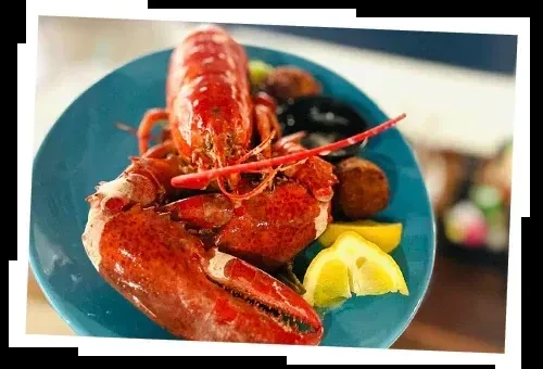 Cooked red lobster with lemon and sides on a vibrant blue plate.