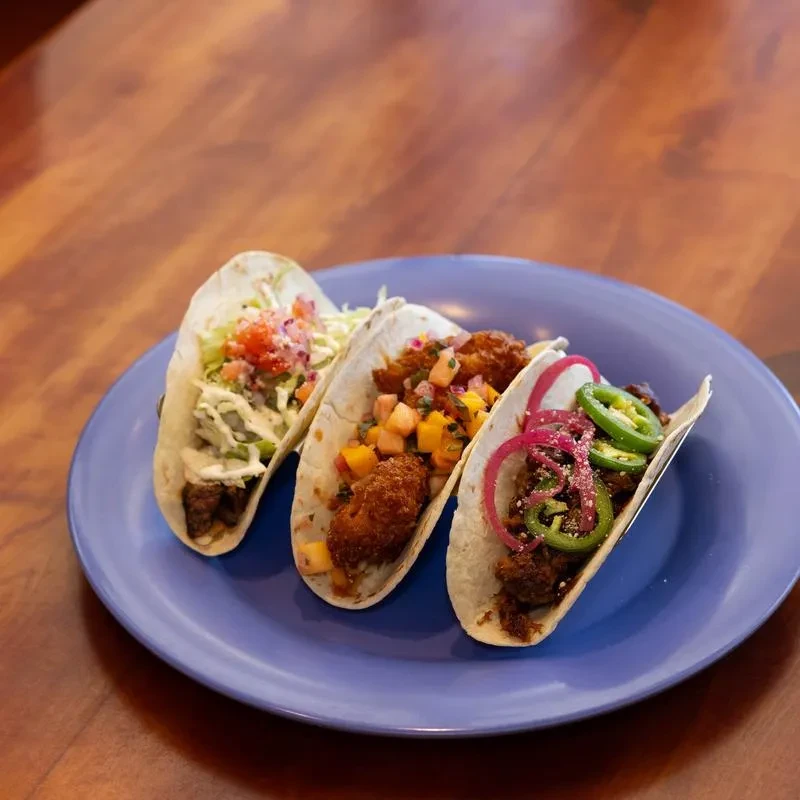 Three distinct tacos with various fillings on a periwinkle plate.