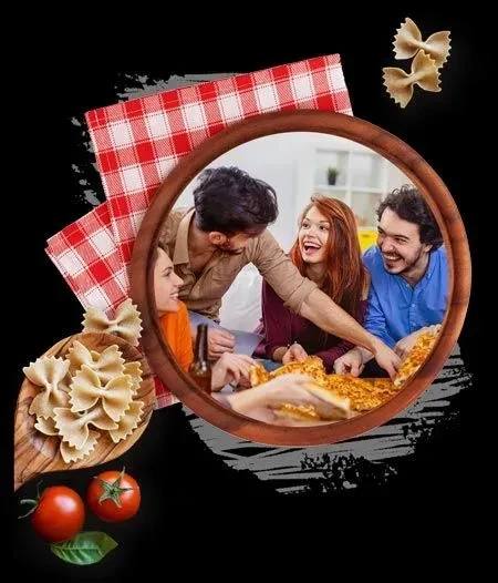 Four smiling people share pizza through a wooden portal, with Italian ingredients.