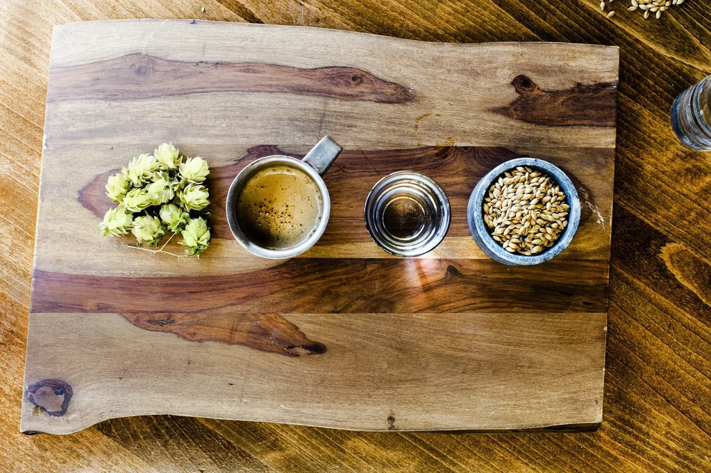 Hops, beverage, water, and malted barley on a rustic wooden board.