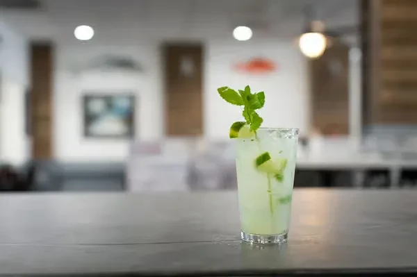 Lime and mint cocktail with ice and mint garnish on dark bar.