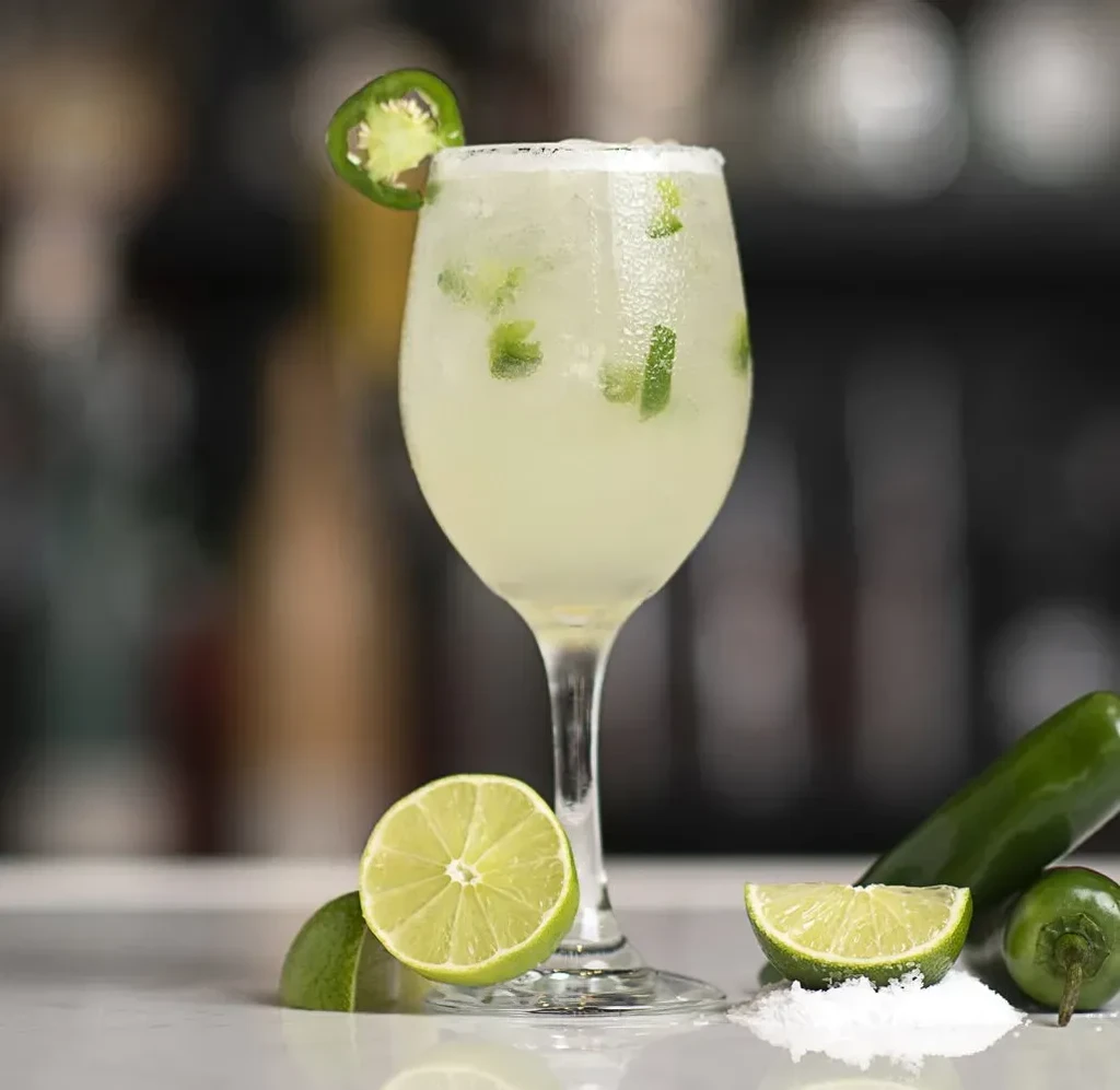 Frosty green cocktail with jalapeño, lime, and salted rim.