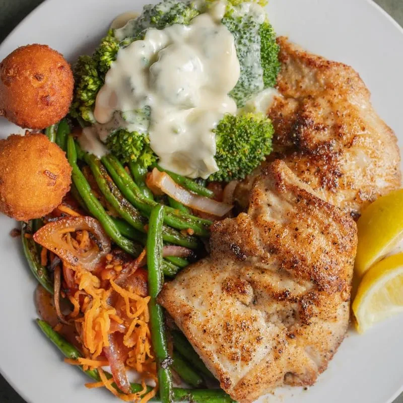 Plate of pan-seared fish, broccoli with sauce, green beans, and fritters.